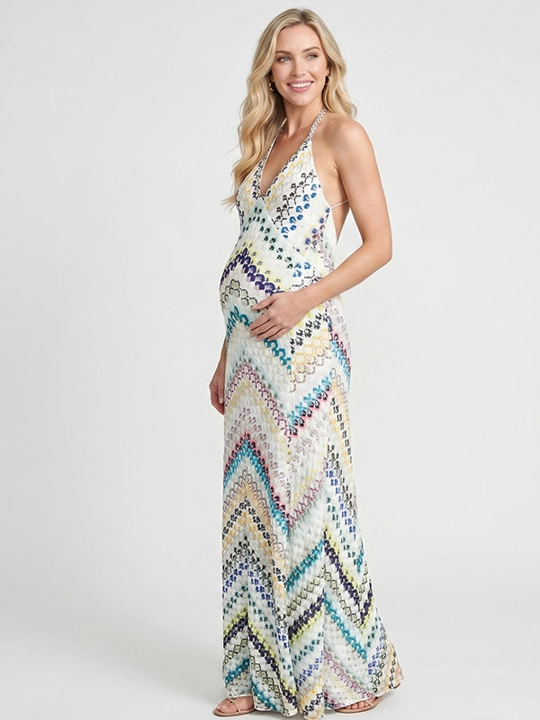 Boho Blue&Green Chevron Printed Halter Backless Maternity Maxi Dress