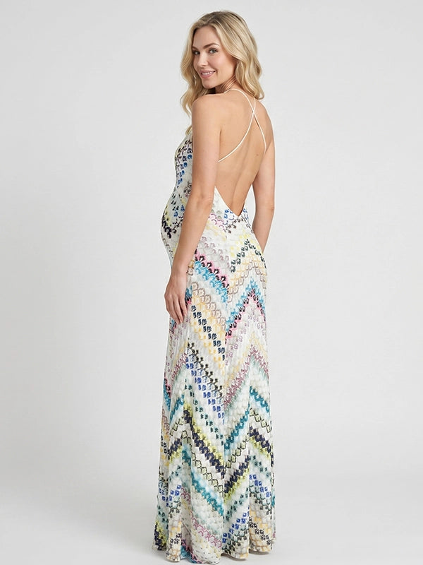 Boho Blue&Green Chevron Printed Halter Backless Maternity Maxi Dress