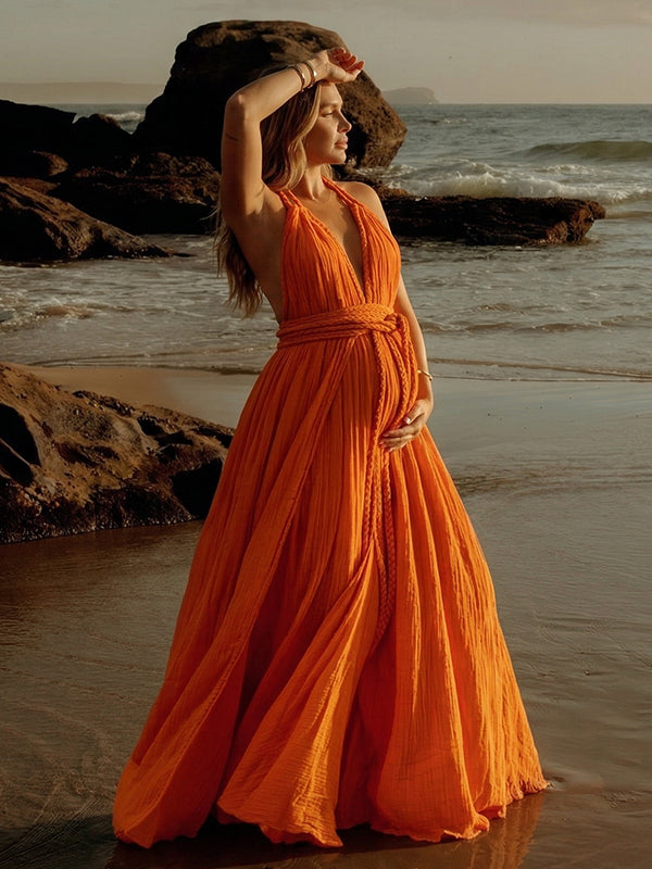 Boho Braided Rope Halter Maternity Maxi Gown — Ethereal Plunging V-Neck Goddess Dress