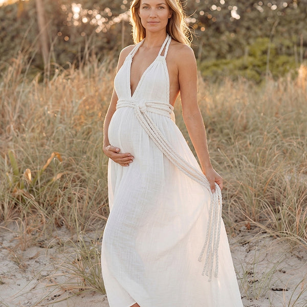 Boho Braided Rope Halter Maternity Maxi Gown — Ethereal Plunging V-Neck Goddess Dress