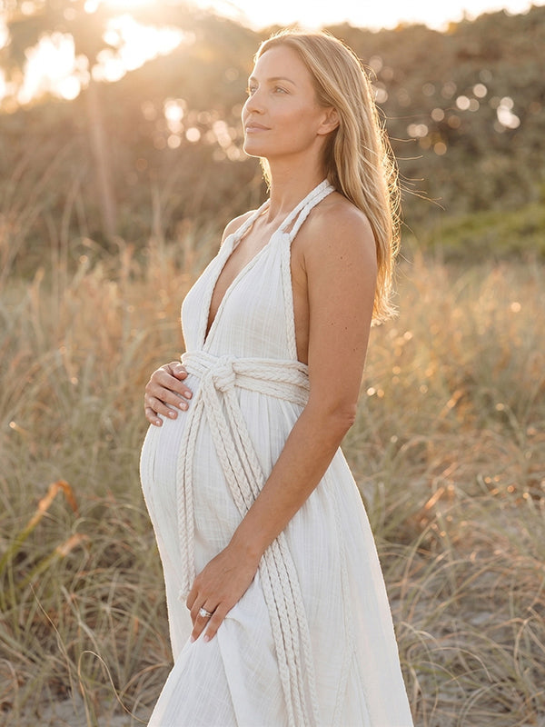 Boho Braided Rope Halter Maternity Maxi Gown — Ethereal Plunging V-Neck Goddess Dress