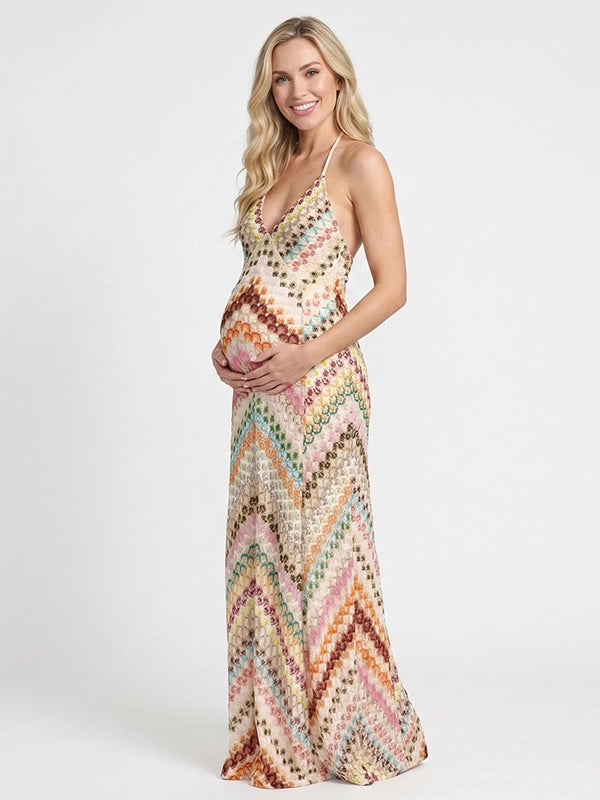 Boho Pink&Orange Chevron Printed Halter Backless Maternity Maxi Dress