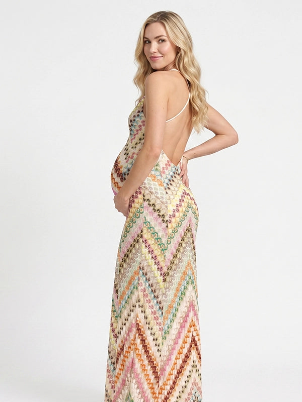 Boho Pink&Orange Chevron Printed Halter Backless Maternity Maxi Dress
