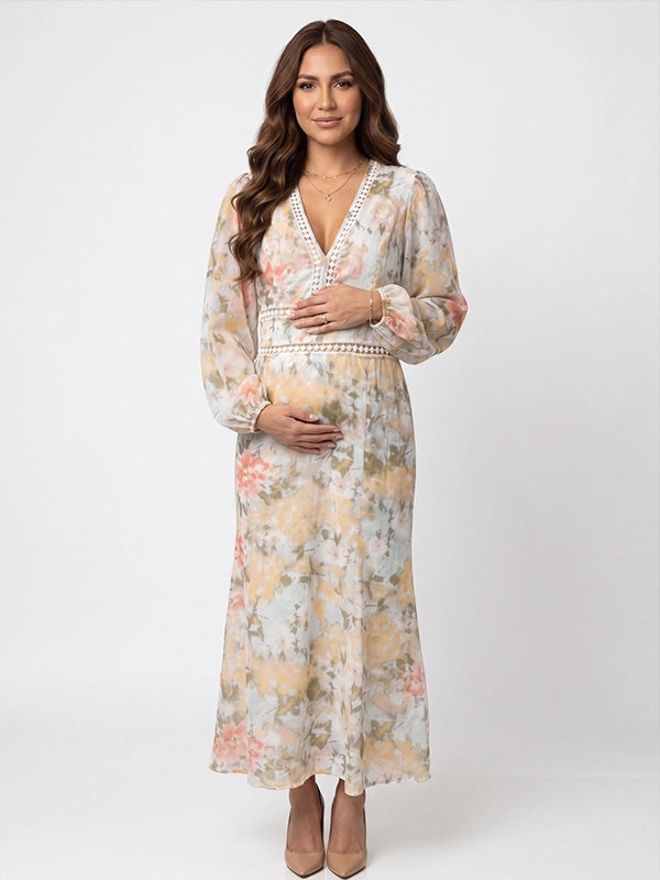 Boho Watercolor Floral V-Neck Maternity Maxi Dress