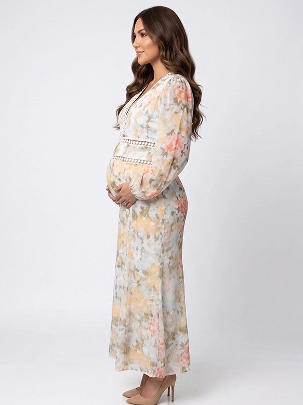 Boho Watercolor Floral V-Neck Maternity Maxi Dress