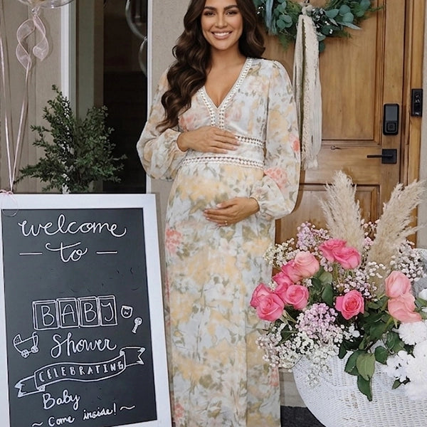 Boho Watercolor Floral V-Neck Maternity Maxi Dress