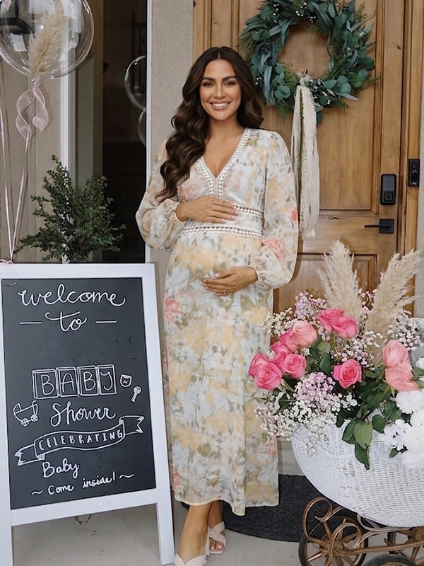 Boho Watercolor Floral V-Neck Maternity Maxi Dress