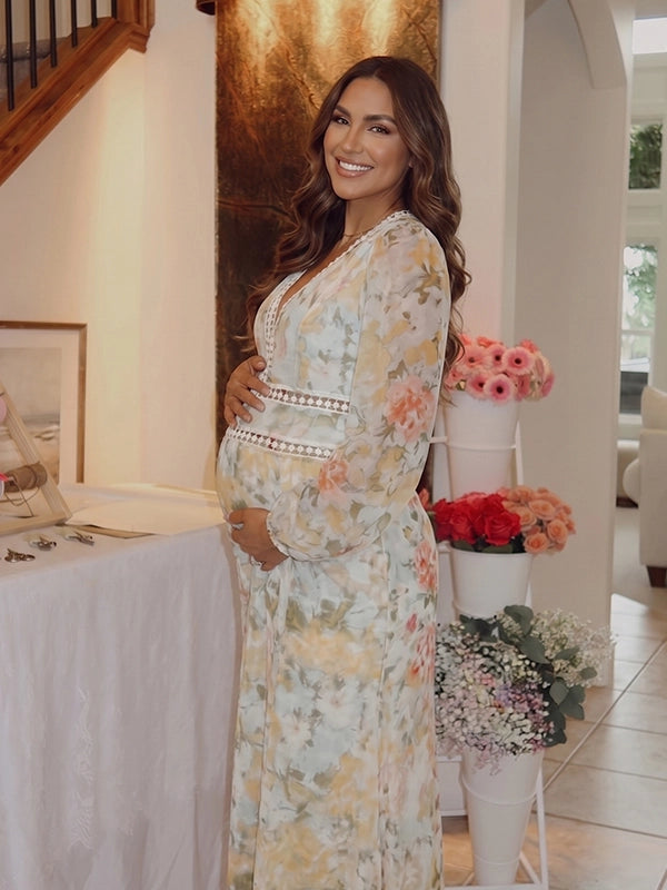Boho Watercolor Floral V-Neck Maternity Maxi Dress