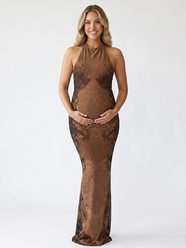 Brown Printed Tie Back Halter Backless Maternity Maxi Dress