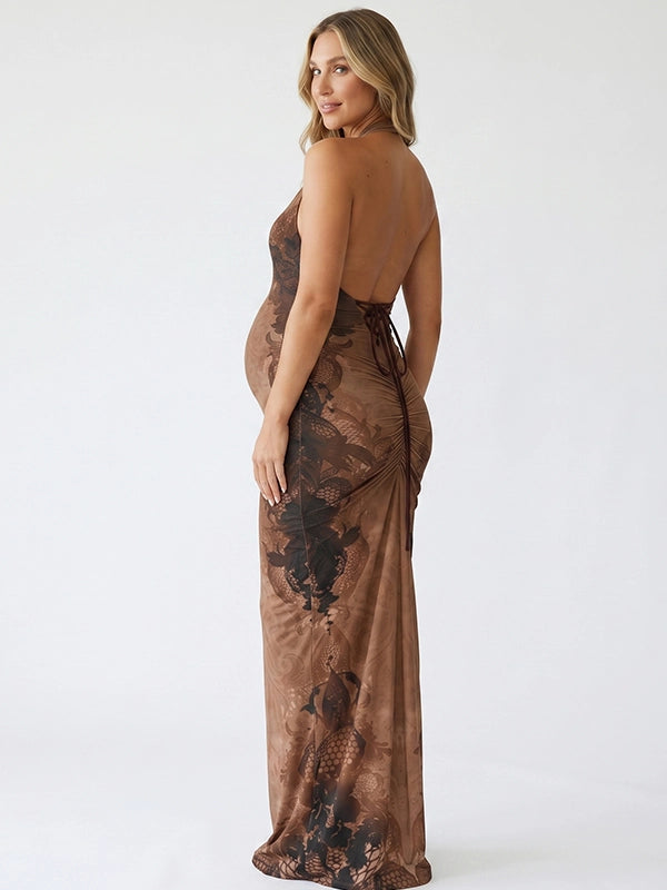 Brown Printed Tie Back Halter Backless Maternity Maxi Dress