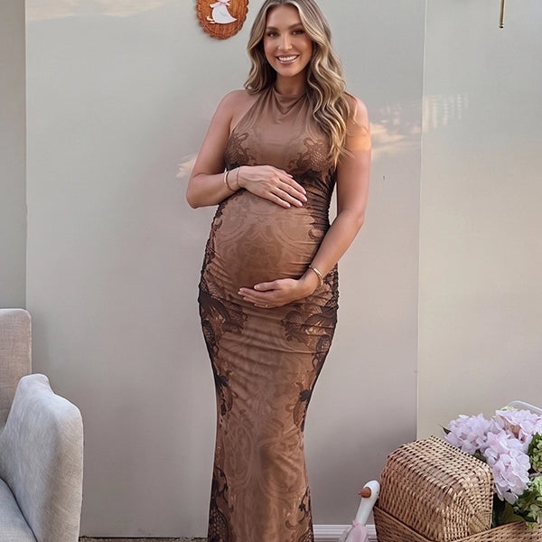 Brown Printed Tie Back Halter Backless Maternity Maxi Dress
