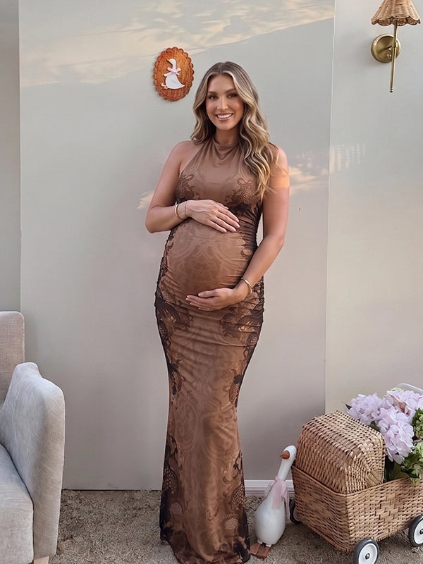 Brown Printed Tie Back Halter Backless Maternity Maxi Dress