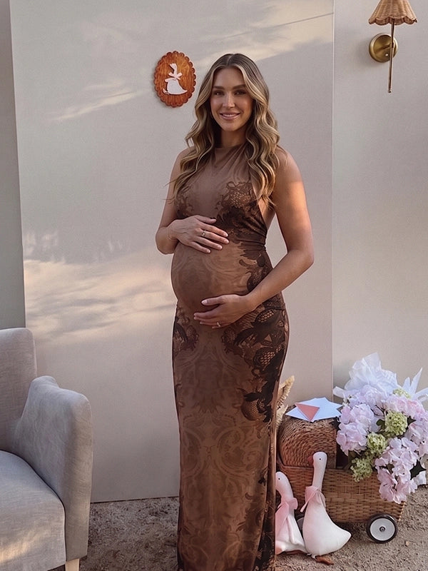 Brown Printed Tie Back Halter Backless Maternity Maxi Dress