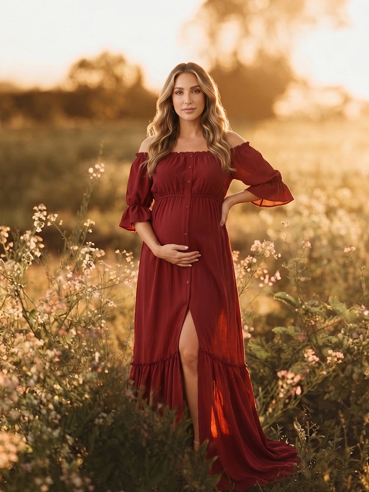 Burgundy Boho Open Front Slit Maternity Dress for Photoshoot