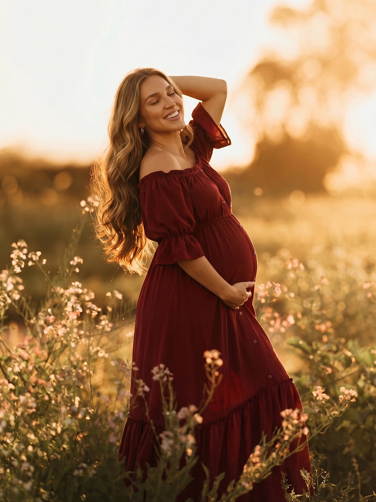 Burgundy Boho Open Front Slit Maternity Dress for Photoshoot
