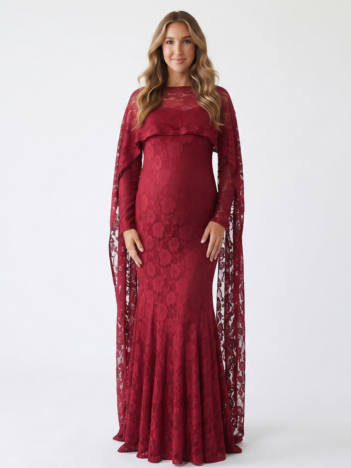 Burgundy Floral Lace Maternity Maxi Dress with Cape