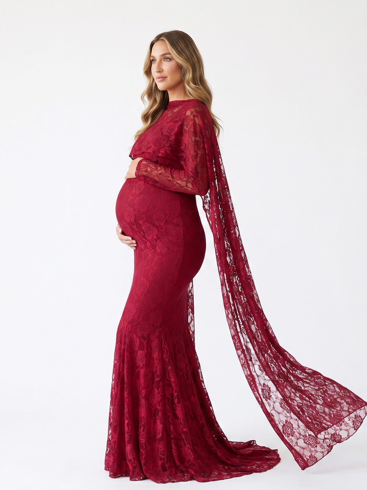 Burgundy Floral Lace Maternity Maxi Dress with Cape