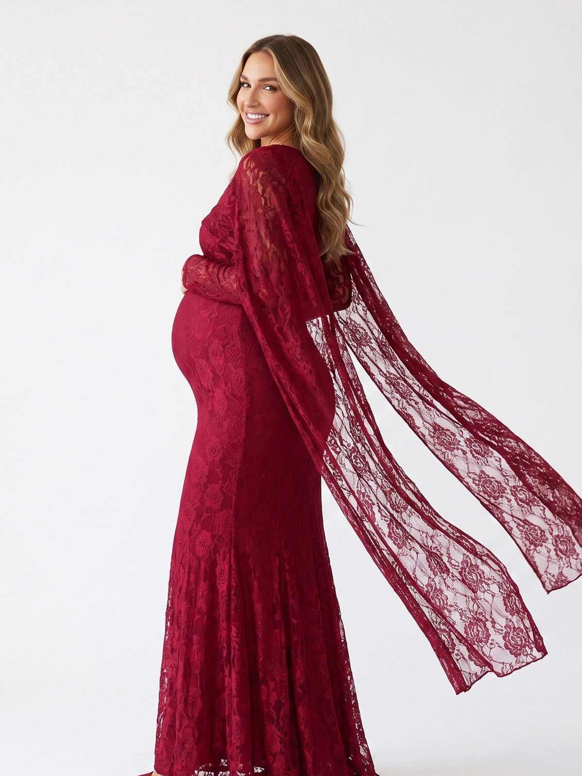 Burgundy Floral Lace Maternity Maxi Dress with Cape