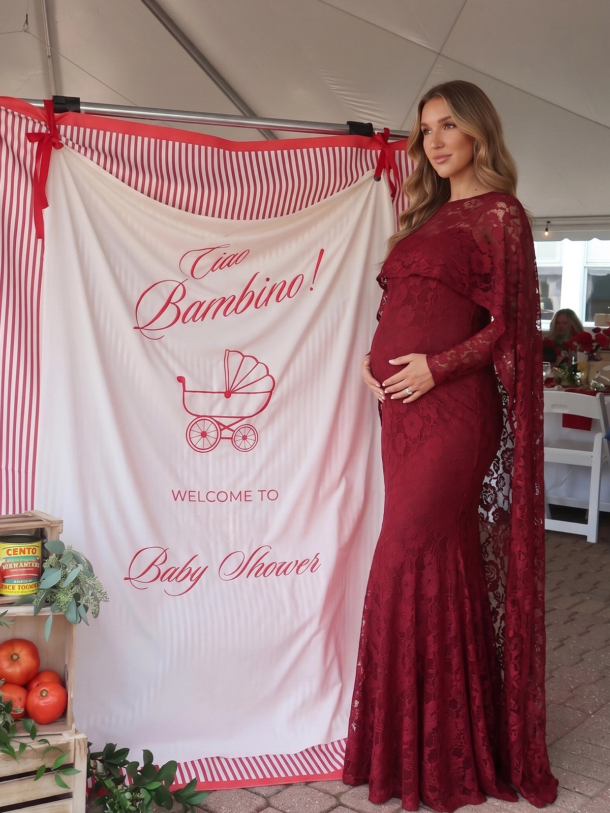 Burgundy Floral Lace Maternity Maxi Dress with Cape