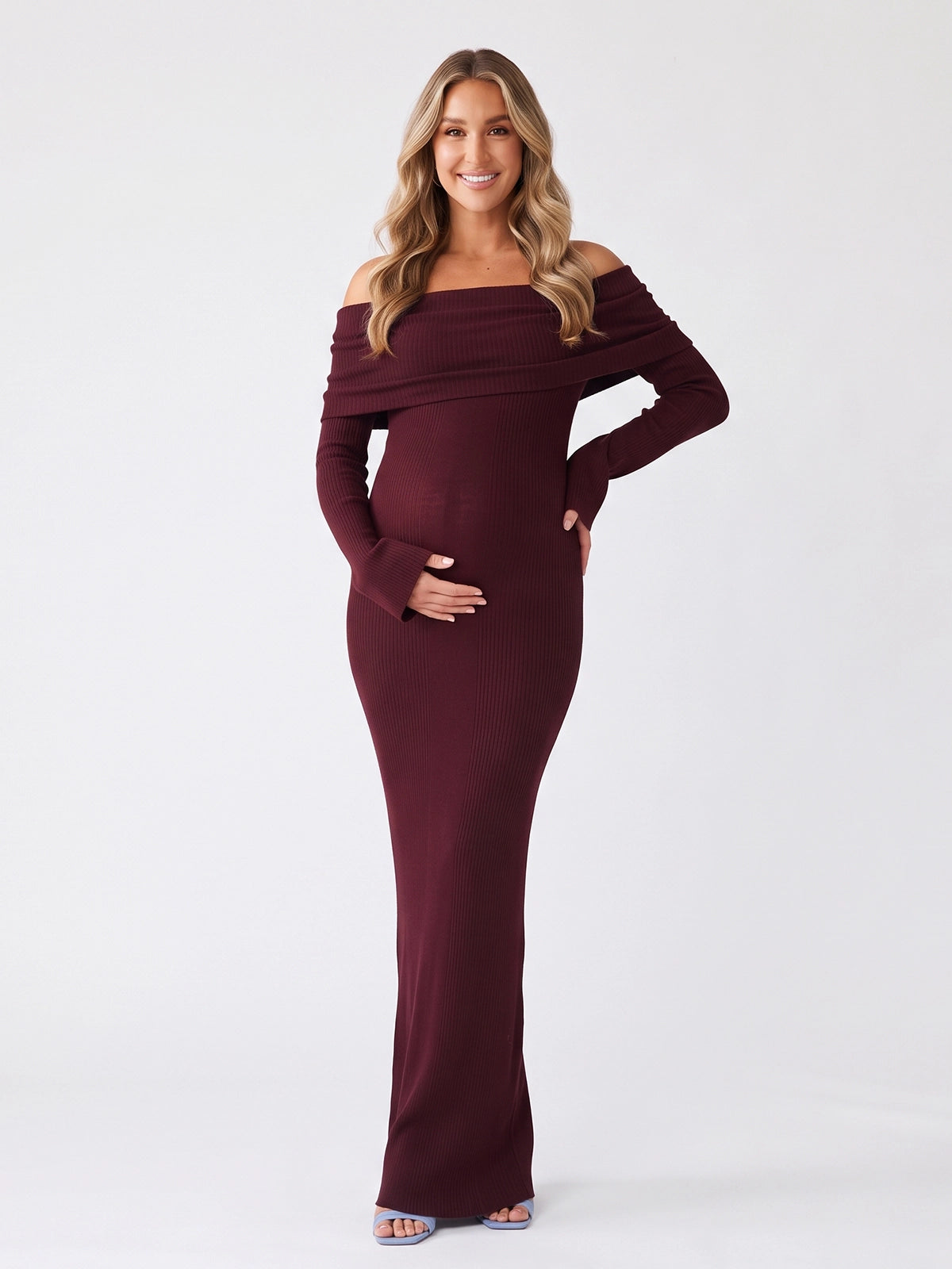 Burgundy Off Shoulder Knit Ruched Maternity Maxi Dress