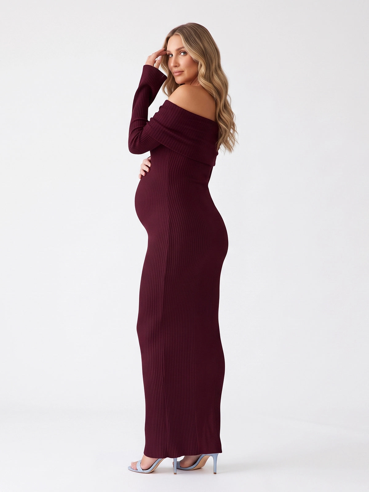 Burgundy Off Shoulder Knit Ruched Maternity Maxi Dress