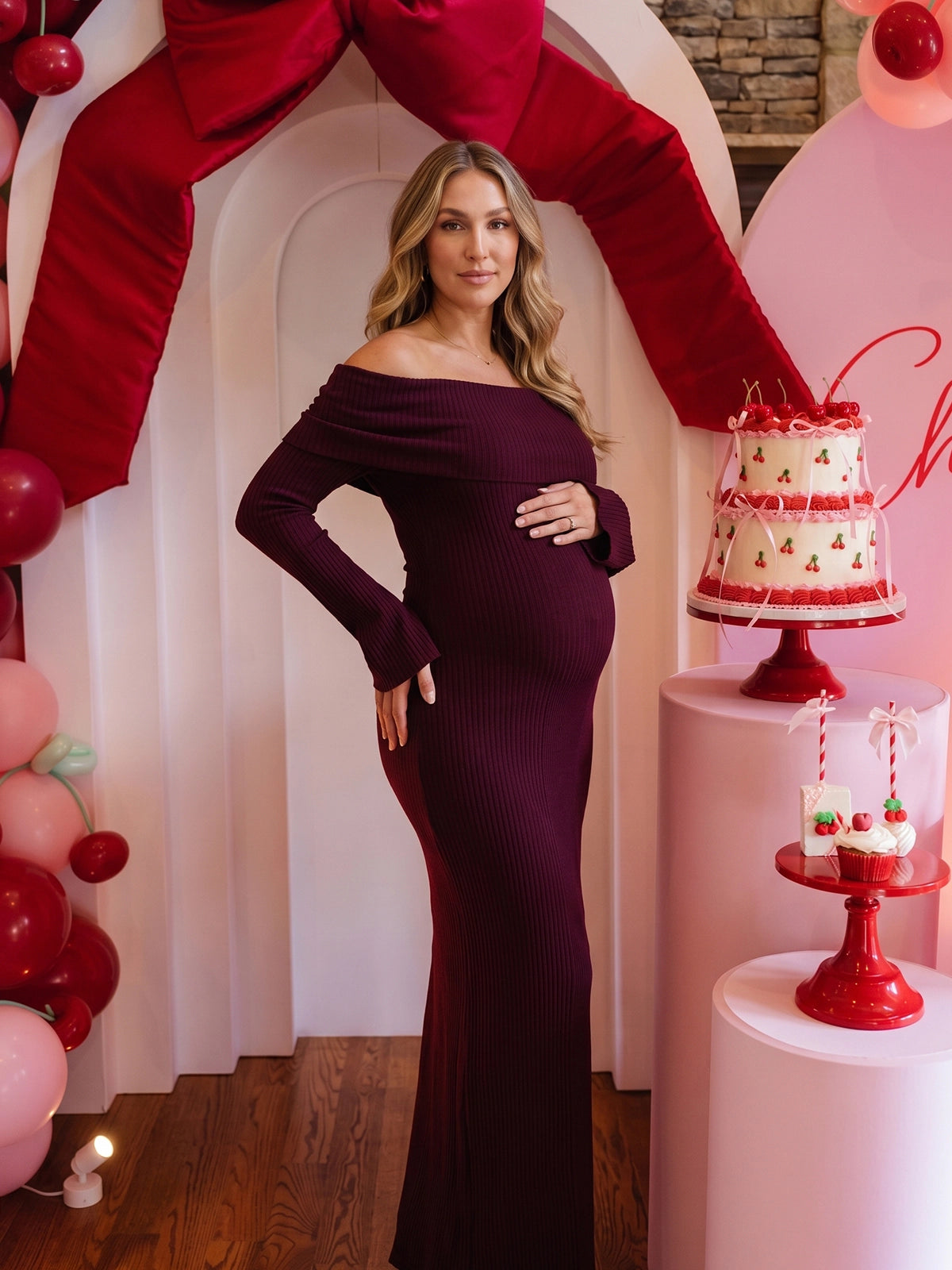 Burgundy Off Shoulder Knit Ruched Maternity Maxi Dress