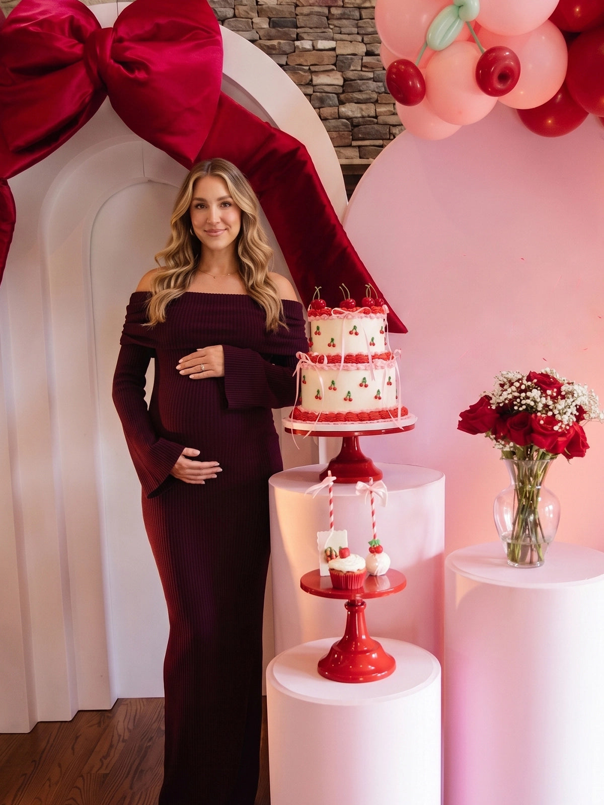 Burgundy Off Shoulder Knit Ruched Maternity Maxi Dress