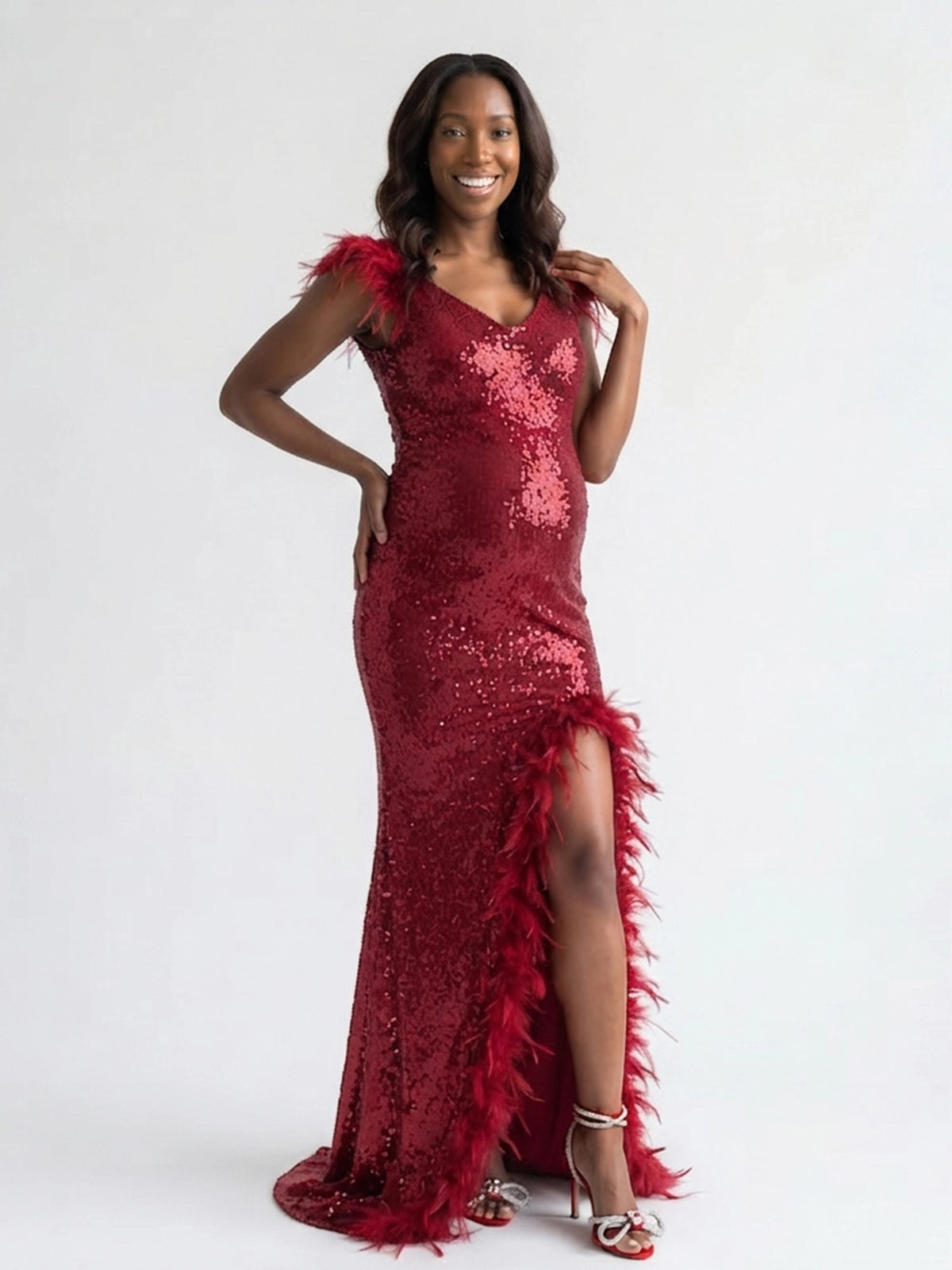 Burgundy Sequin Backless High Slit Maternity Maxi Gown with Feather Trim