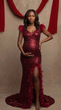 Burgundy Sequin Backless High Slit Maternity Maxi Gown with Feather Trim