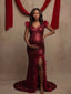 Burgundy Sequin Backless High Slit Maternity Maxi Gown with Feather Trim