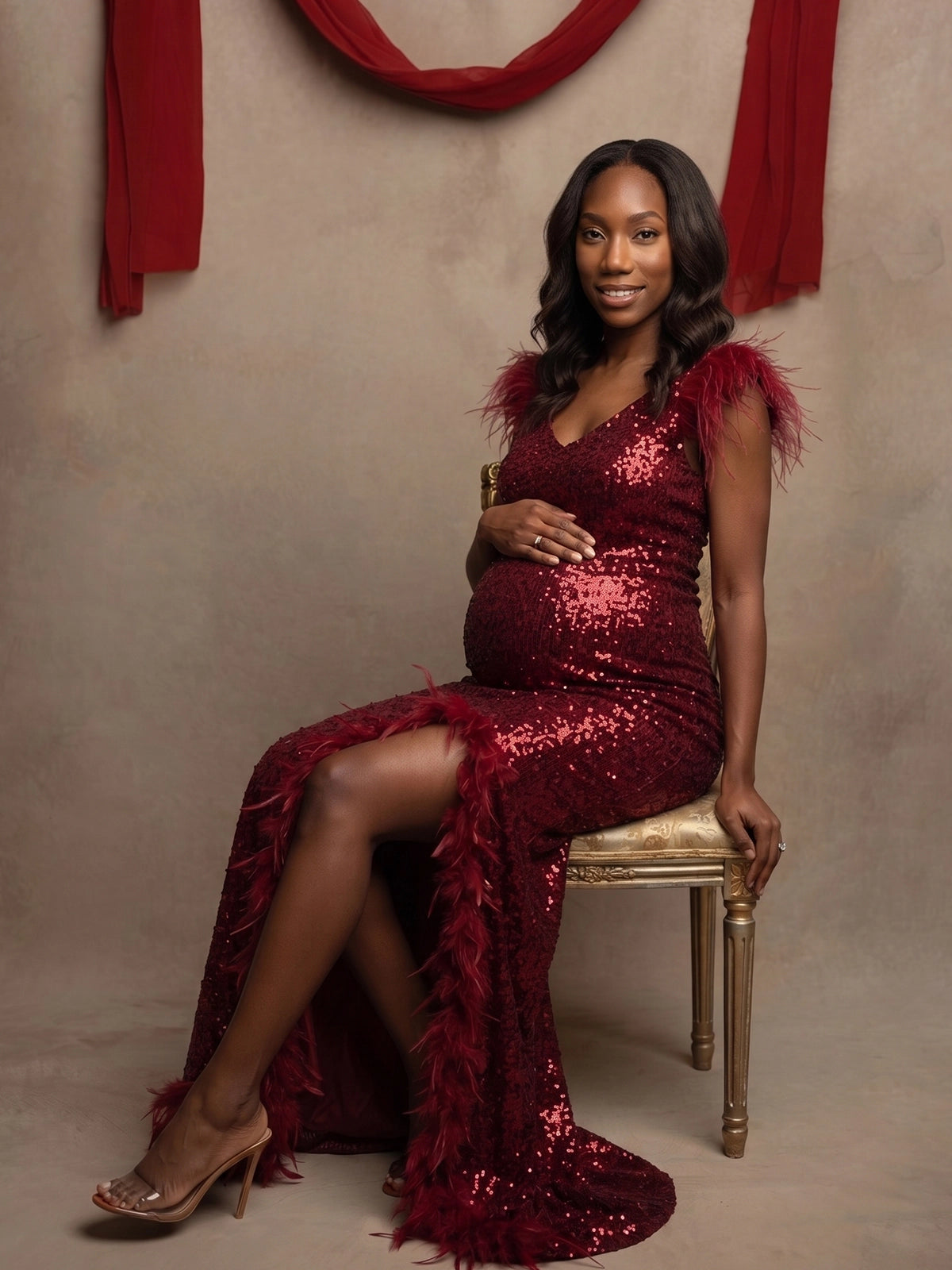 Burgundy Sequin Backless High Slit Maternity Maxi Gown with Feather Trim