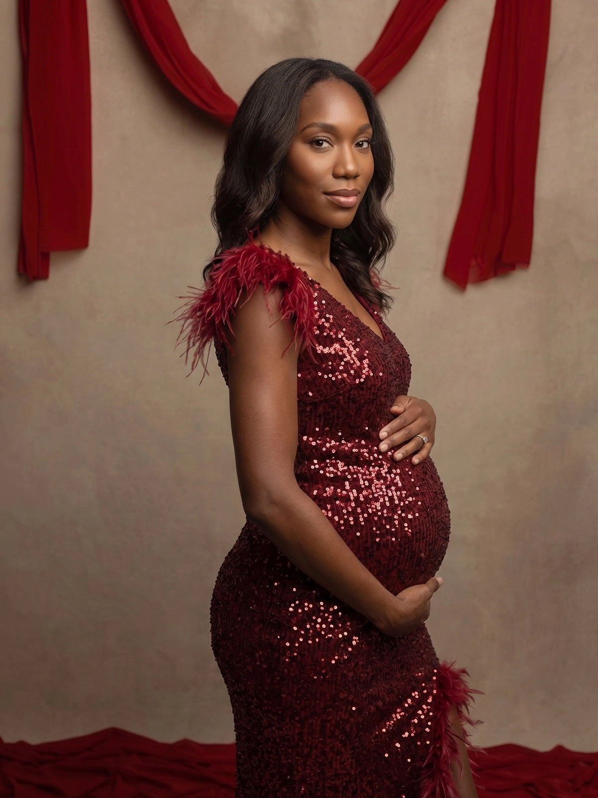 Burgundy Sequin Backless High Slit Maternity Maxi Gown with Feather Trim