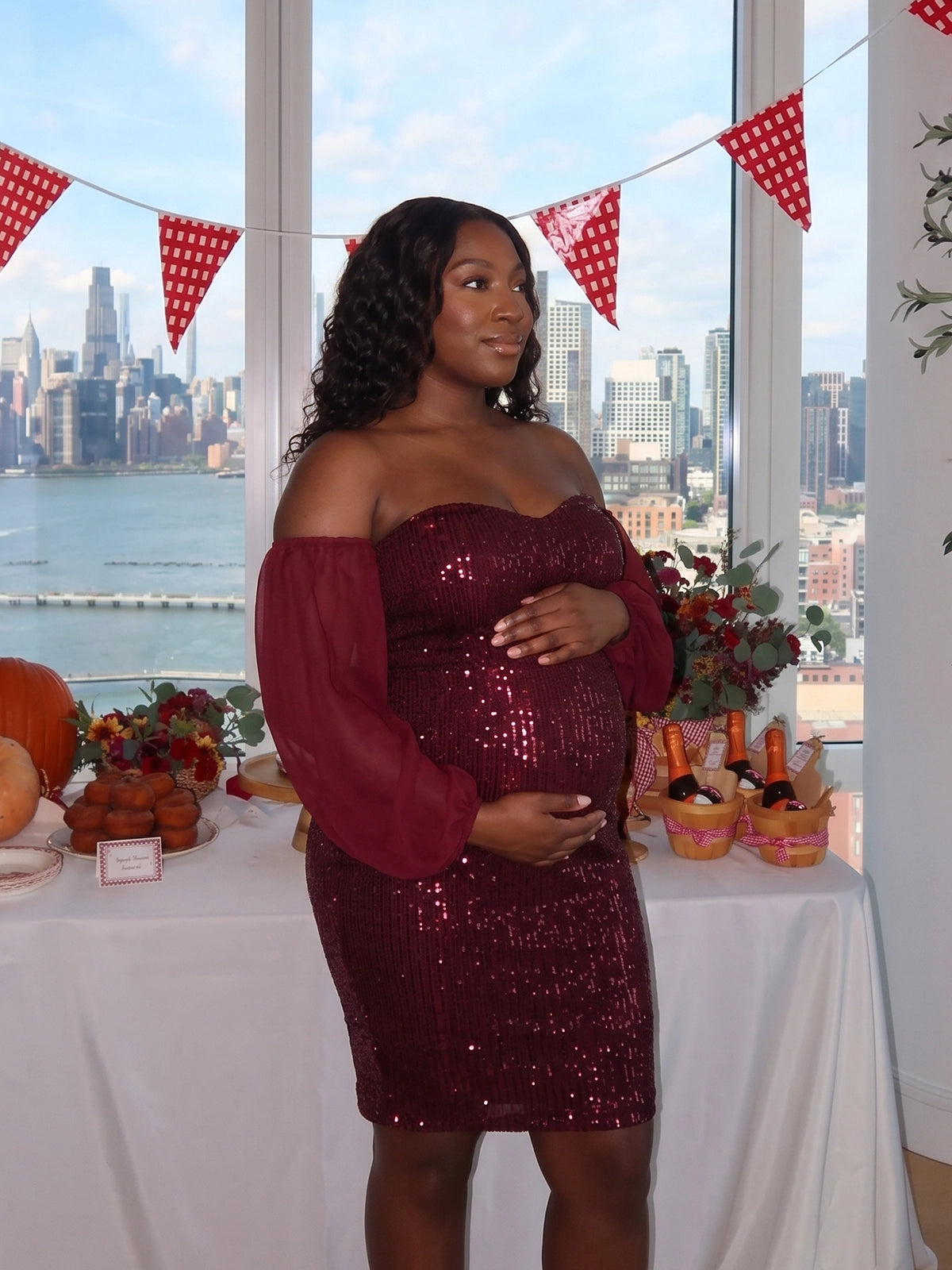 Burgundy Sequin Off Shoulder Plus Size Maternity Mini Dress with Chiffon Sleeves
