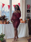 Burgundy Sequin Off Shoulder Plus Size Maternity Mini Dress with Chiffon Sleeves