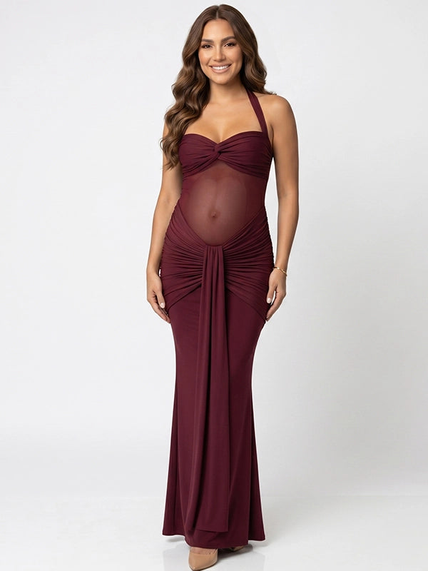 Burgundy Sheer Mesh Ruched Draped Halter Maternity Maxi Dress