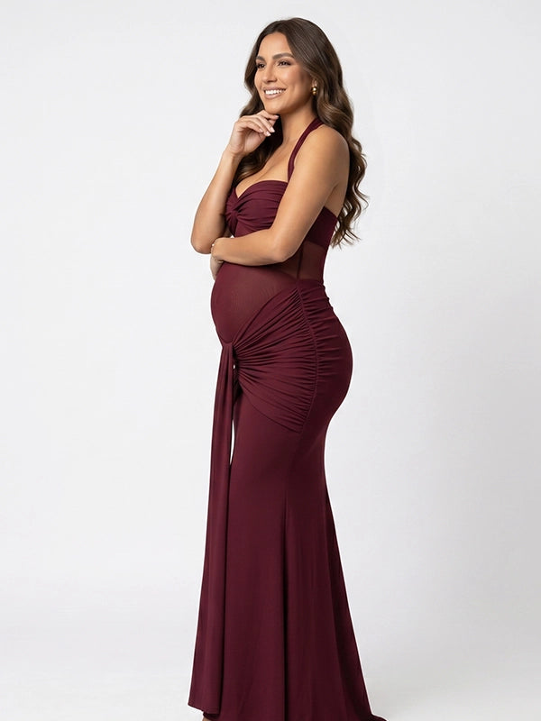 Burgundy Sheer Mesh Ruched Draped Halter Maternity Maxi Dress