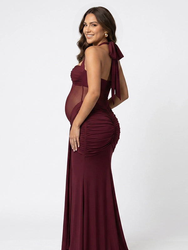 Burgundy Sheer Mesh Ruched Draped Halter Maternity Maxi Dress
