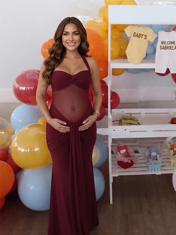 Burgundy Sheer Mesh Ruched Draped Halter Maternity Maxi Dress