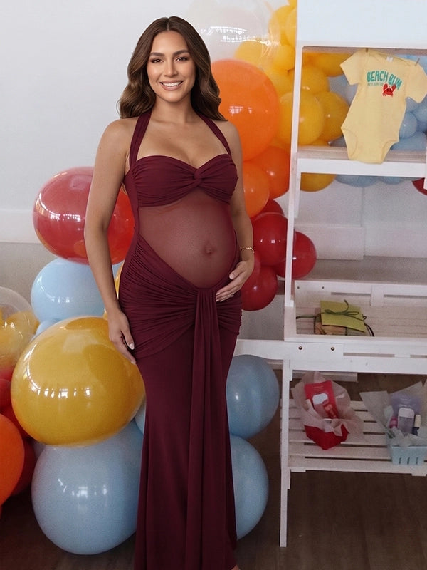 Burgundy Sheer Mesh Ruched Draped Halter Maternity Maxi Dress