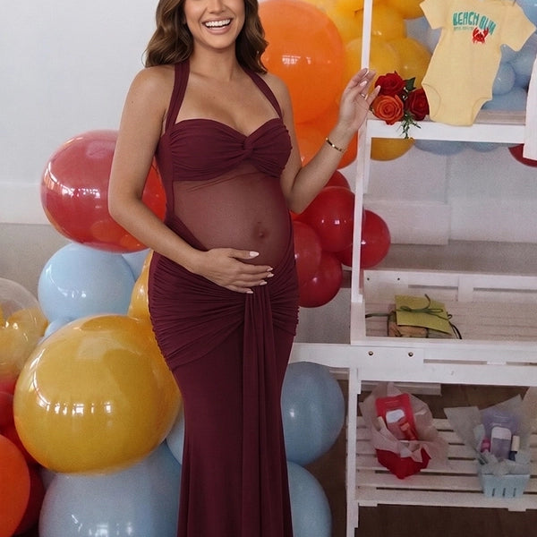 Burgundy Sheer Mesh Ruched Draped Halter Maternity Maxi Dress