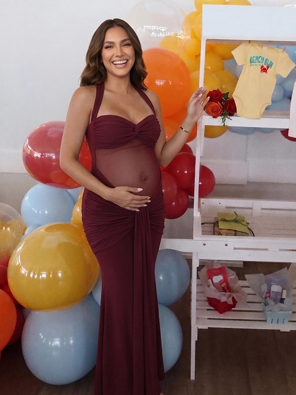 Burgundy Sheer Mesh Ruched Draped Halter Maternity Maxi Dress