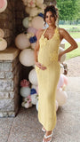 Butter Yellow 3D Floral Crochet Halter Maternity Maxi Dress
