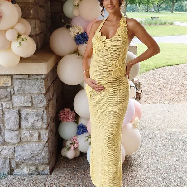 Butter Yellow 3D Floral Crochet Halter Maternity Maxi Dress