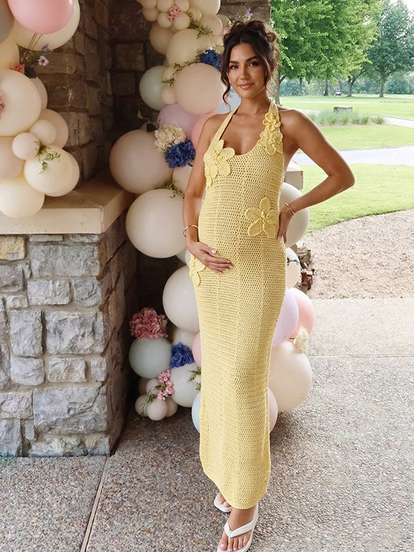 Butter Yellow 3D Floral Crochet Halter Maternity Maxi Dress