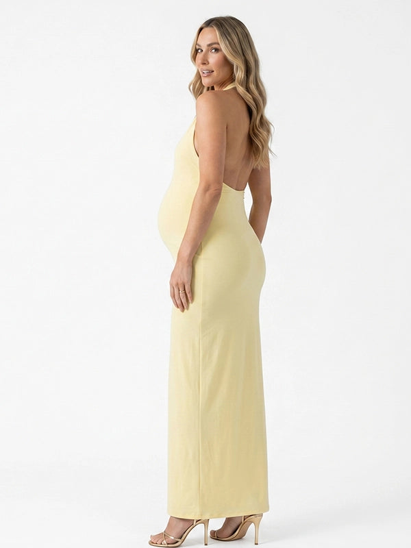 Butter Yellow 3D Ruffle Halter Backless Maternity Maxi Gown