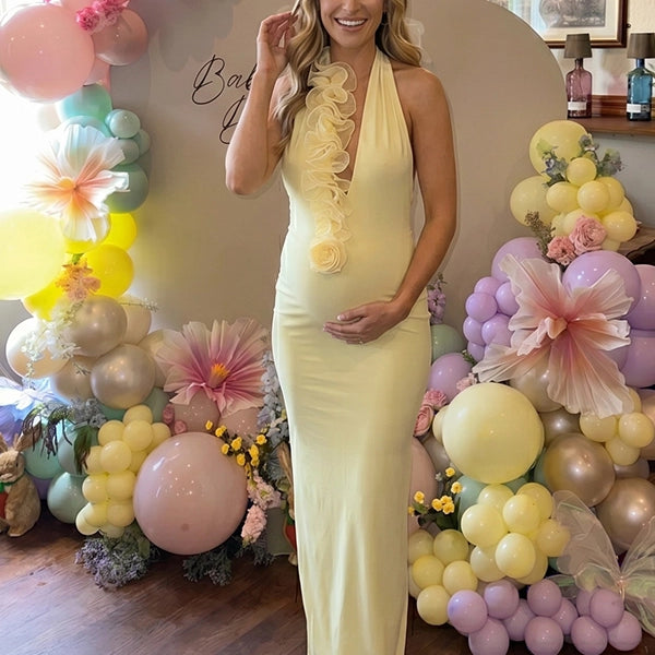 Butter Yellow 3D Ruffle Halter Backless Maternity Maxi Gown