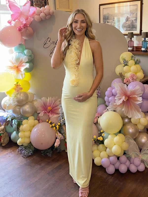 Butter Yellow 3D Ruffle Halter Backless Maternity Maxi Gown