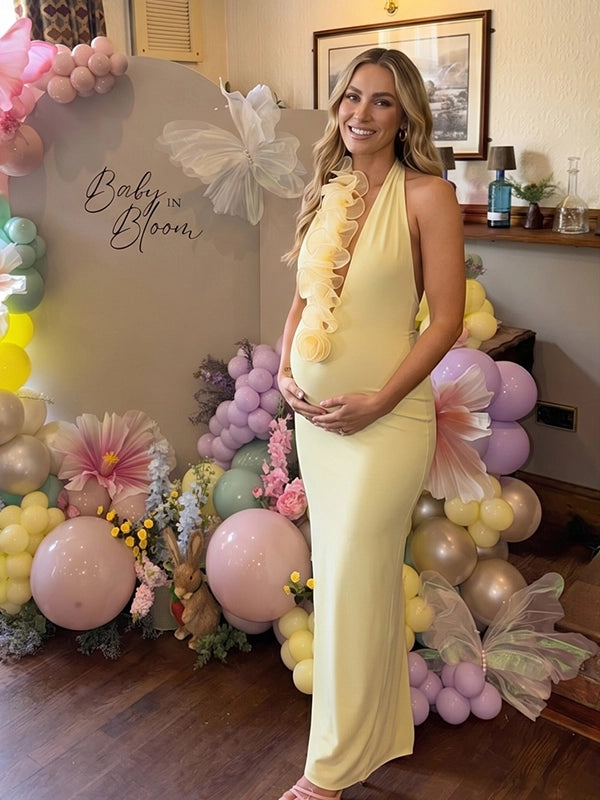 Butter Yellow 3D Ruffle Halter Backless Maternity Maxi Gown
