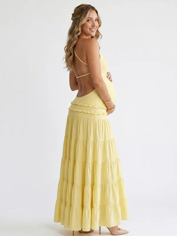 butter yellow maternity dress backless one shoulder tiered ruffle maxi summer baby shower dress