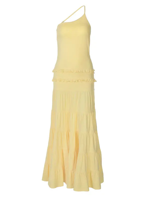 butter yellow maternity dress backless one shoulder tiered ruffle maxi summer baby shower dress
